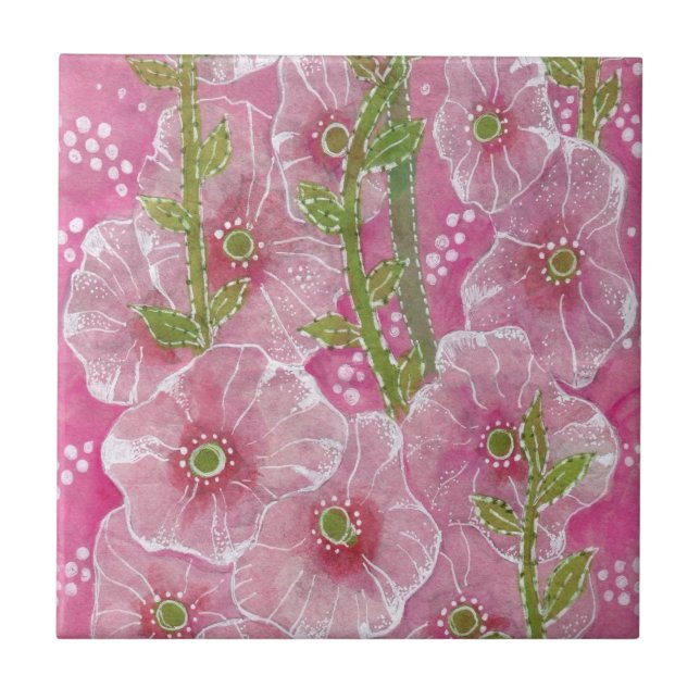 Pink Hollyhock Mallow Malva Flower Floral Painting Ceramic Tile (Front)