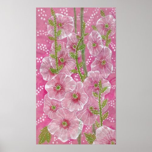 Pink Hollyhock Mallow Malva Flower Floral Painting Poster