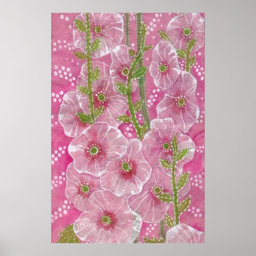 Pink Hollyhock Mallow Malva Flower Floral Painting Poster