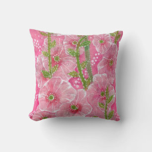 Pink Hollyhock Mallow Malva Flower Floral Painting Throw Pillow
