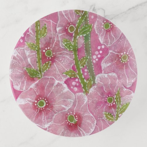 Pink Hollyhock Mallow Malva Flower Floral Painting Trinket Tray