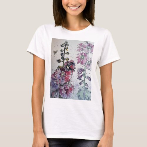 Pink Hollyhock Watercolour Ink Painting T Shirt