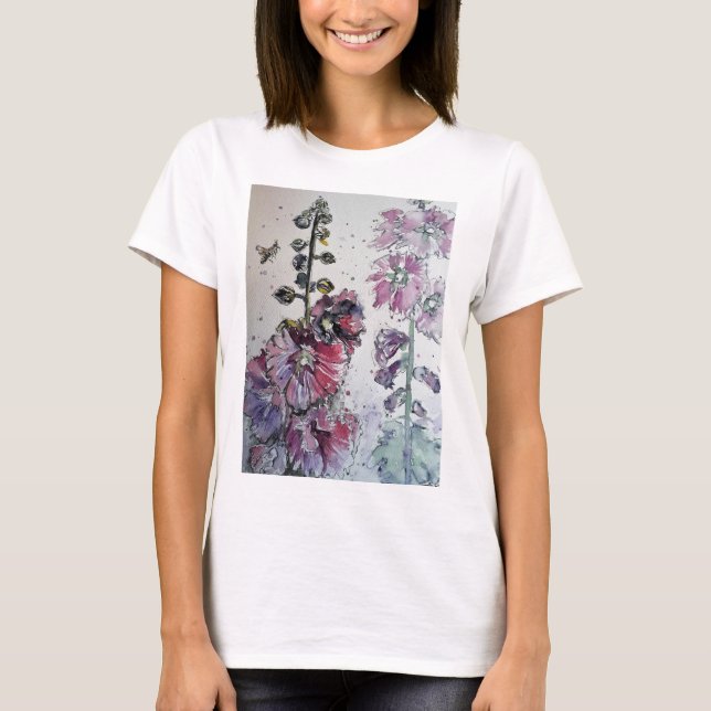 Pink Hollyhock Watercolour Ink Painting T Shirt (Front)