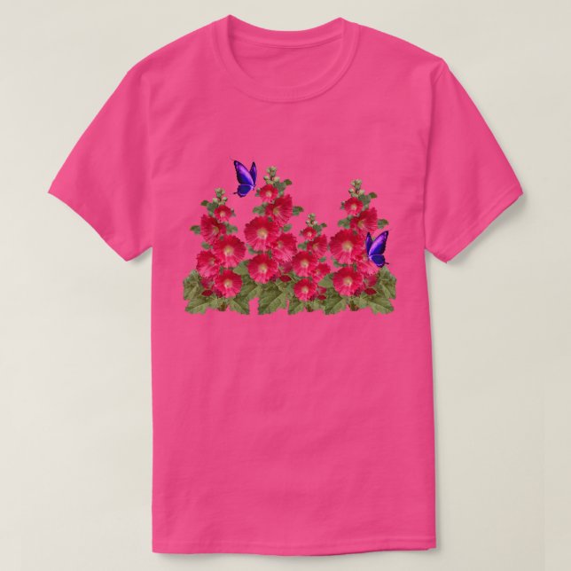 Pink Hollyhocks Butterfly Comfortable Cotton T-Shi T-Shirt (Design Front)