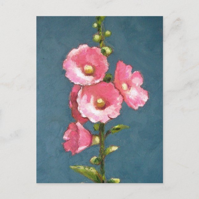 PINK HOLLYHOCKS IN OIL PASTEL POSTCARD (Front)