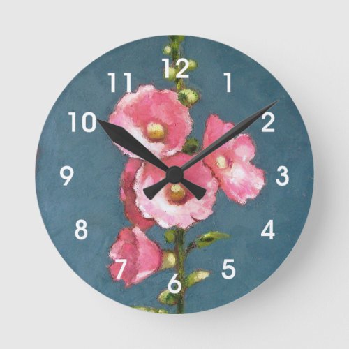 Pink Hollyhocks Oil Pastel Art Flowers Round Clock
