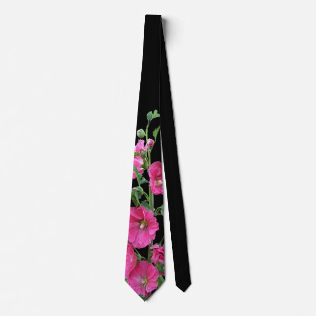 Pink Hollyhocks on Black  Neck Tie (Front)