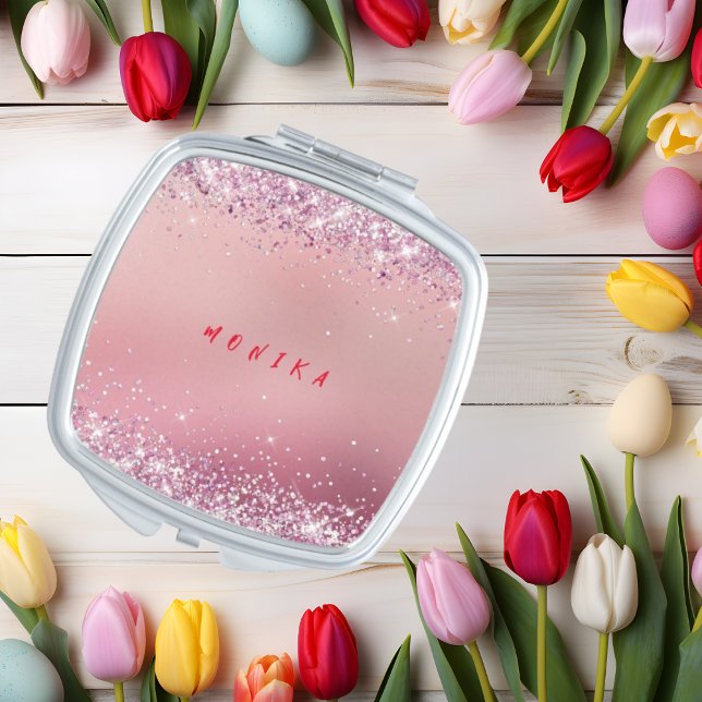 Pink Holo Blush Glitter Metal Monogram Name Compact Mirror (Creator Uploaded)