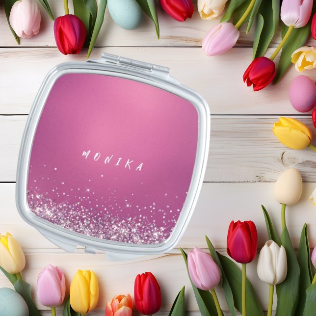 Pink Holo Blush Glitter Metal Monogram Name Compact Mirror (Creator Uploaded)