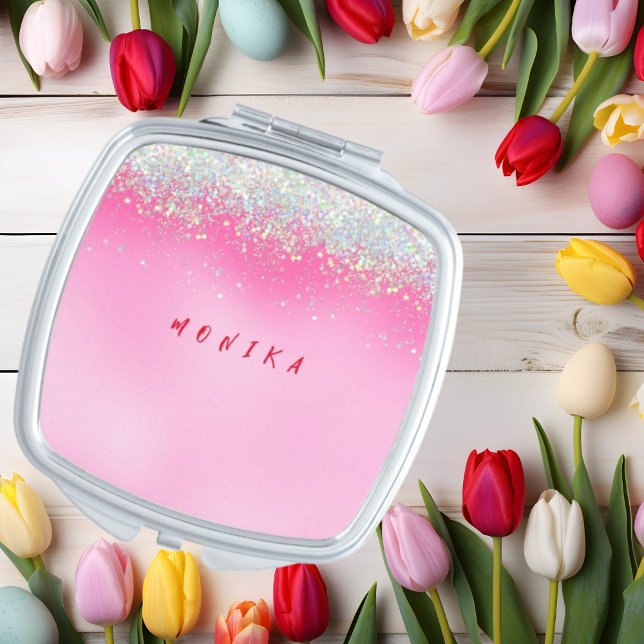 Pink Holo Blush Glitter Metal Monogram Name Compact Mirror (Creator Uploaded)
