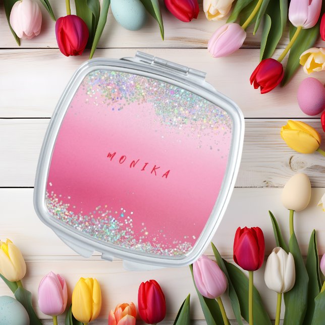 Pink Holo Blush Glitter Metal Monogram Name Compact Mirror (Creator Uploaded)