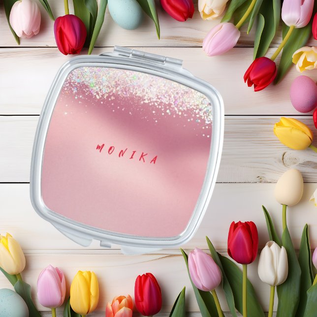 Pink Holo Blush Glitter Metal Monogram Name Compact Mirror (Creator Uploaded)