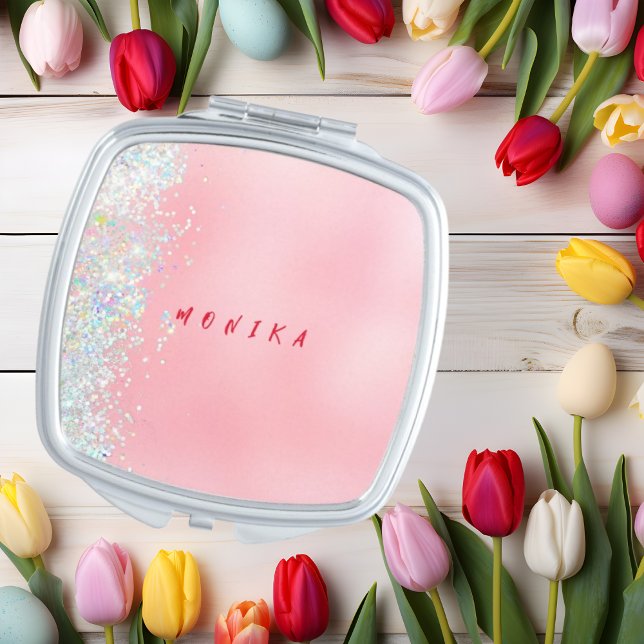 Pink Holo Blush Glitter Metal Monogram Name Compact Mirror (Creator Uploaded)