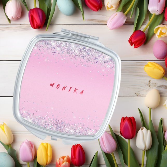 Pink Holo Blush Glitter Metal Monogram Name Compact Mirror (Creator Uploaded)