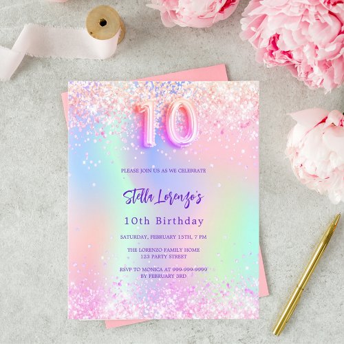 Pink holographic 10th birthday budget invitation