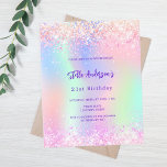 Pink holographic 21st birthday budget invitation<br><div class="desc">A girly and feminine 21st birthday party invitation. On front: A rainbow,  holographic colored background in purple,  pink,  mint green.  Decorated with blush pink sparkles.  Personalize and add a name and party details. The name is written with a hand lettered style script,  purple colored letters.</div>