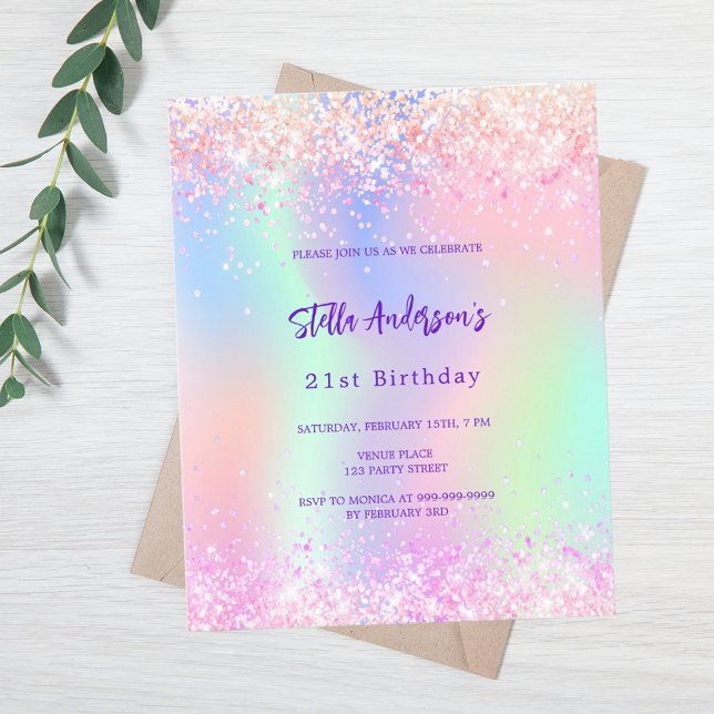 Pink holographic 21st birthday budget invitation (Creator Uploaded)