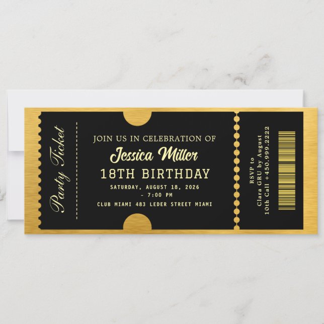Pink Holographic Black Luxury Ticket Invitation (Front)