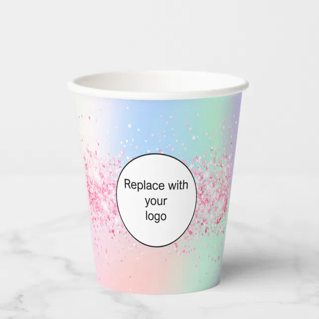 Pink holographic business corporate logo qr code paper cups | Zazzle