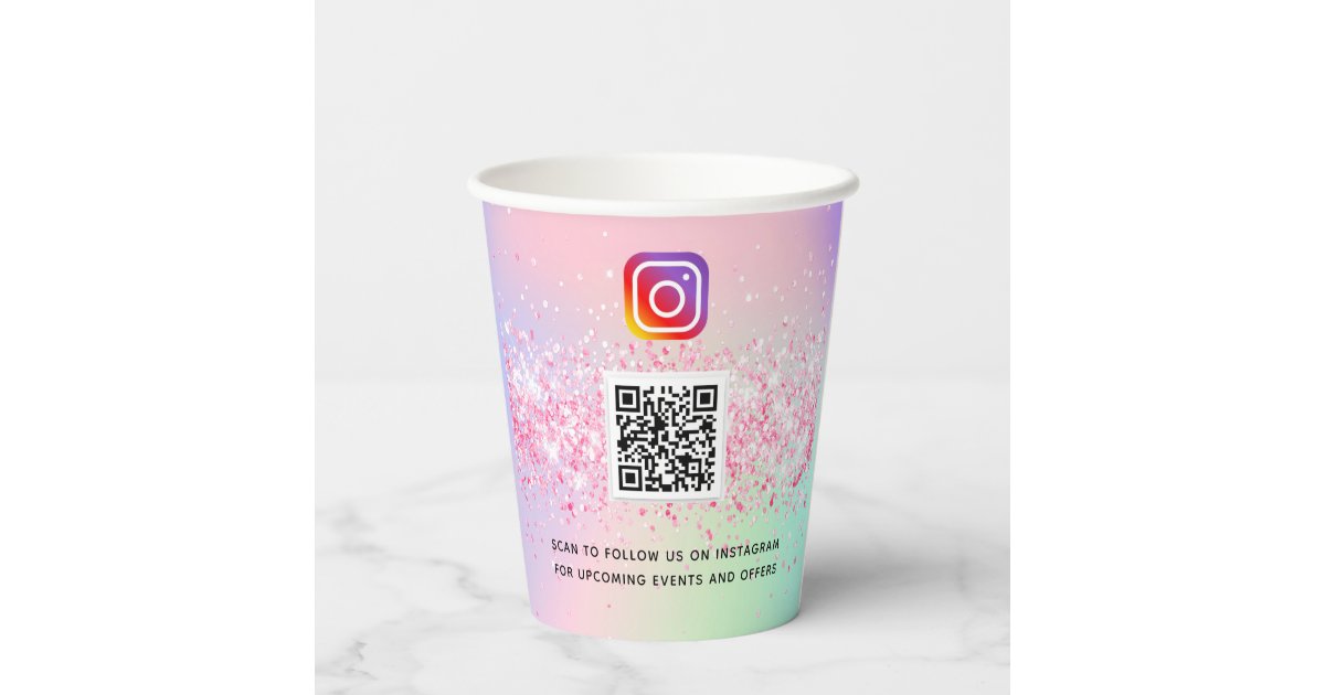 Pink holographic business logo qr code instagram paper cups | Zazzle