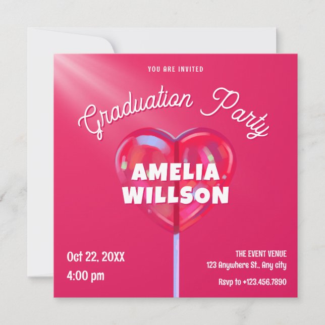 Pink holographic candy sweet graduation invitation (Front)