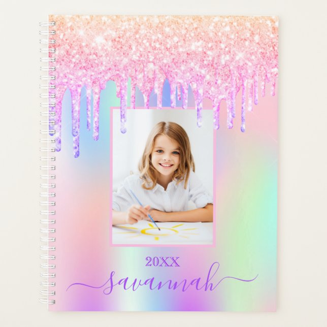 Pink holographic drips name photo girl planner (Front)