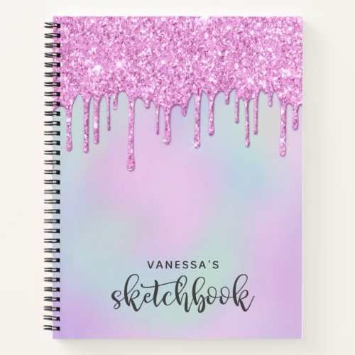 Pink Holographic Glitter Drips Artist Sketchbook Notebook
