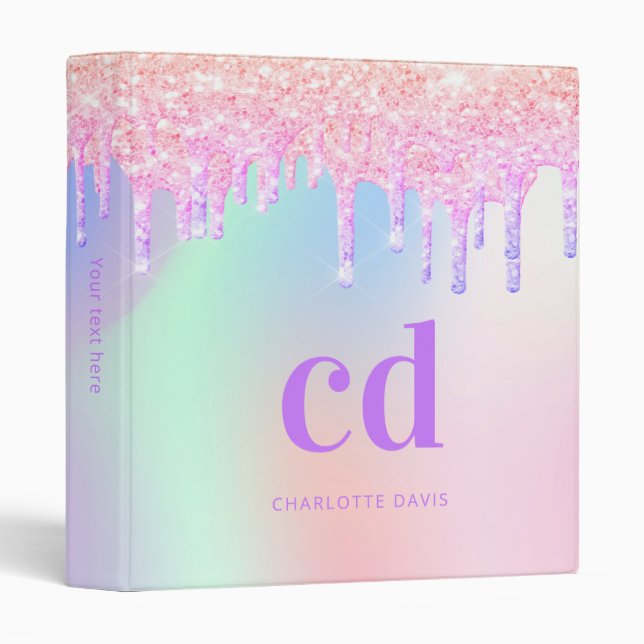 Pink holographic glitter drips monogram 3 ring binder (Front/Spine)
