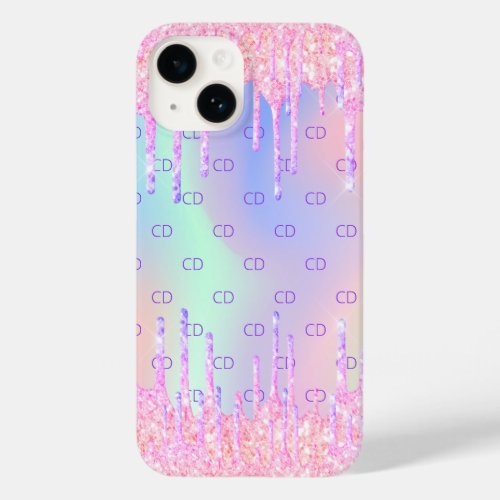 Pink holographic glitter drips monogram Case_Mate iPhone 14 case