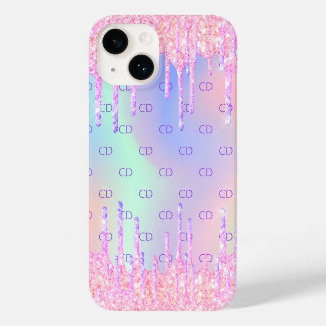 Pink holographic glitter drips monogram Case-Mate iPhone case (Back)