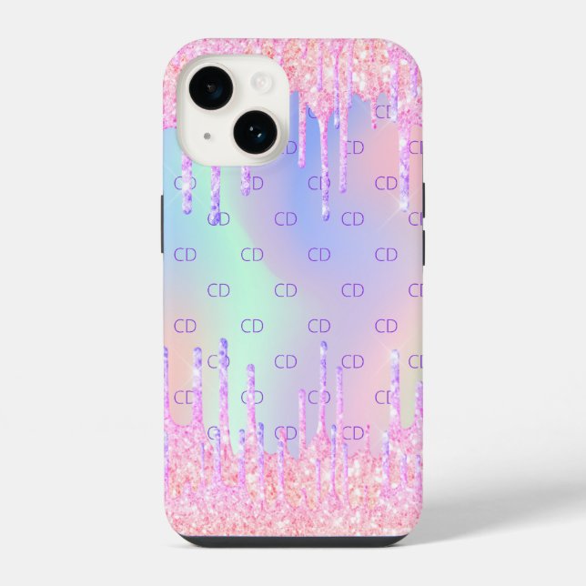Pink holographic glitter drips monogram iphone case (Back)