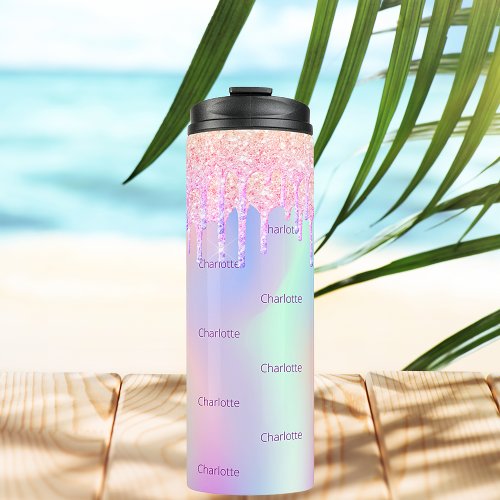 Pink holographic glitter drips name thermal tumbler