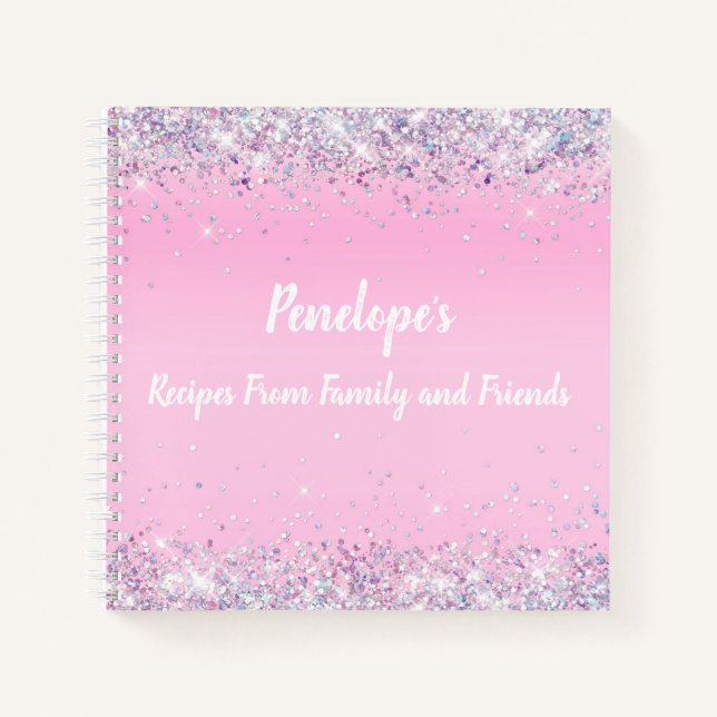 Pink Holographic Glitter Monogram Recipes Notebook (Front)