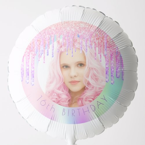 Pink holographic glitter photo birthday balloon