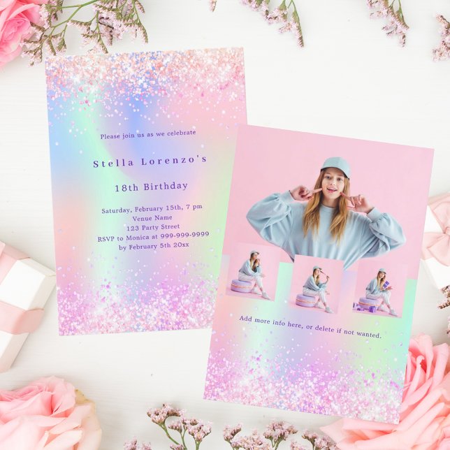 Pink holographic glitter photo luxury birthday invitation (Creator Uploaded)