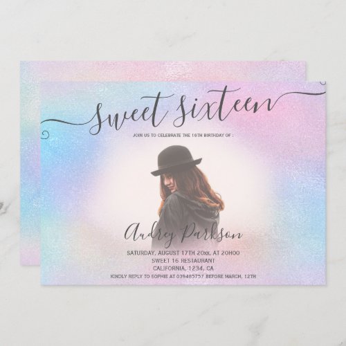 Pink holographic iridescent rainbow Sweet 16 photo Invitation