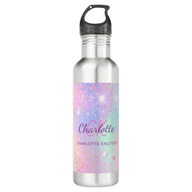 Pink holographic monogram girl stainless steel water bottle (Front)