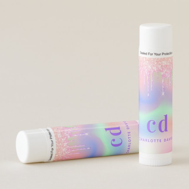 Pink holographic monogram name initials lip balm (Front)