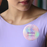 Pink holographic name birthday party button<br><div class="desc">For a 18th (or any age) birthday party. A holographic colored background in purple,  pink,  and mint green. Decorated with confetti.  Personalize and add a date,  name and age.  Can be used both as party favors,  save the date or name tags for the guests.</div>