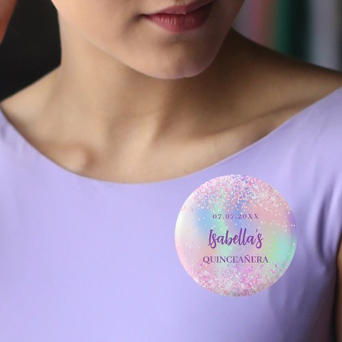 Pink holographic name Quinceanera Button