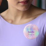 Pink holographic name Sweet 16 Button<br><div class="desc">For a Sweet 16 birthday party. A holographic colored background in purple,  pink,  and mint green. Decorated with confetti.  Personalize and add a date,  name and age.  Can be used both as party favors,  save the date or name tags for the guests.</div>