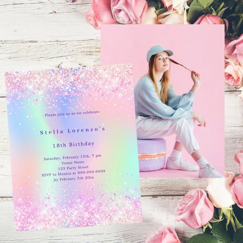 Pink holographic photo budget birthday invitation