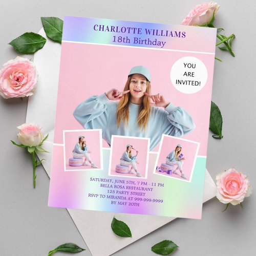 Pink holographic photo budget birthday invitation