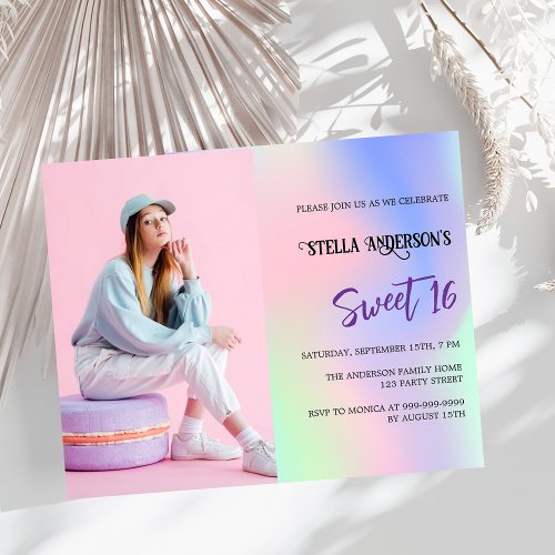 Pink holographic photo budget Sweet 16 invitation