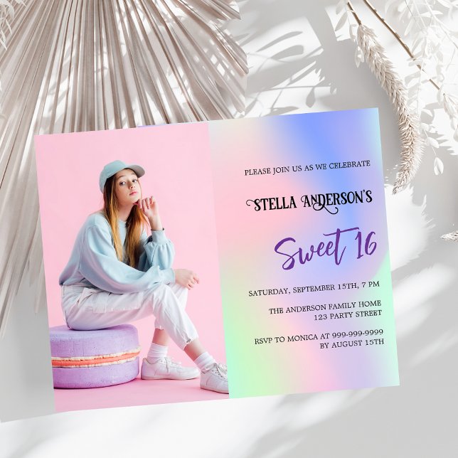 Pink holographic photo budget Sweet 16 invitation (Creator Uploaded)