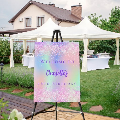 Pink holographic purple birthday party welcome foam board