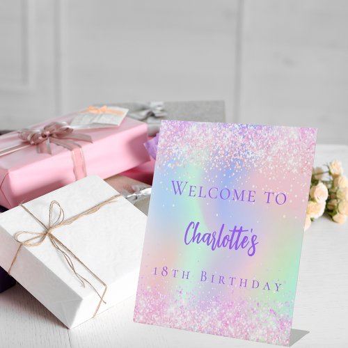 Pink holographic purple birthday party welcome pedestal sign