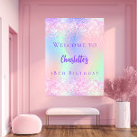 Pink holographic purple birthday party welcome poster<br><div class="desc">A welcome poster for a girly and glamorous 18th (or any age) birthday party.  A trendy holographic colored background in pink,  purple,  mint green. Decorated with confetti in pink.   Personalize and add a name and age. Purple text.</div>