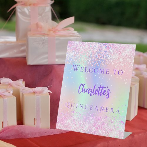 Pink holographic purple Quinceanera welcome Pedestal Sign