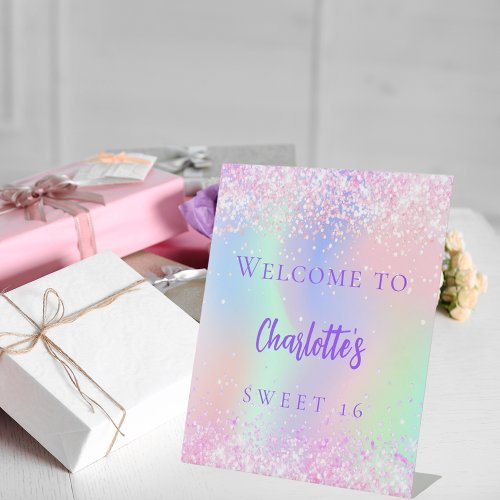 Pink holographic purple Sweet 16 welcome Pedestal Sign